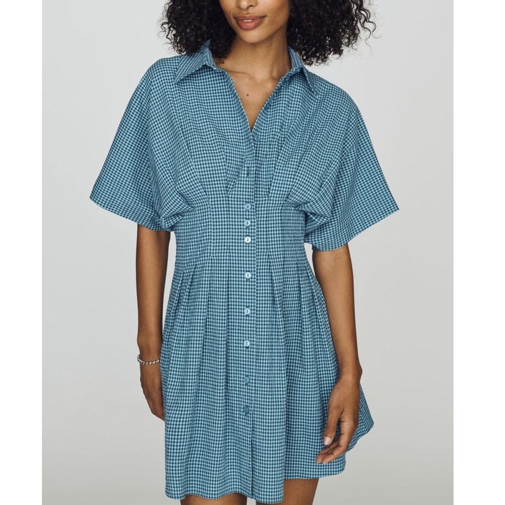 Anthropologie Exquise Tobie Pleated Shirt Dress Mini Blue Green Gingham L NEW